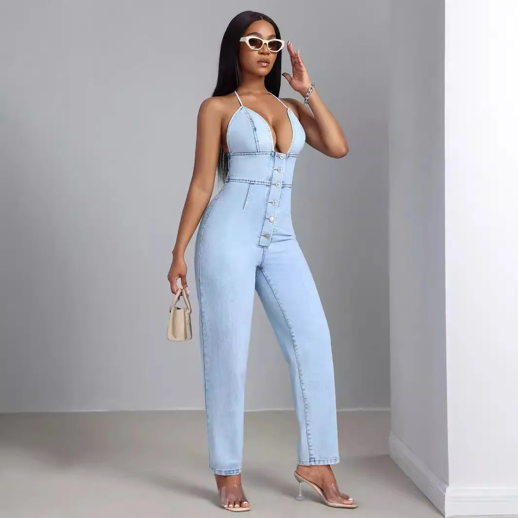 Low-cut Slim One-piece Denim Trousers