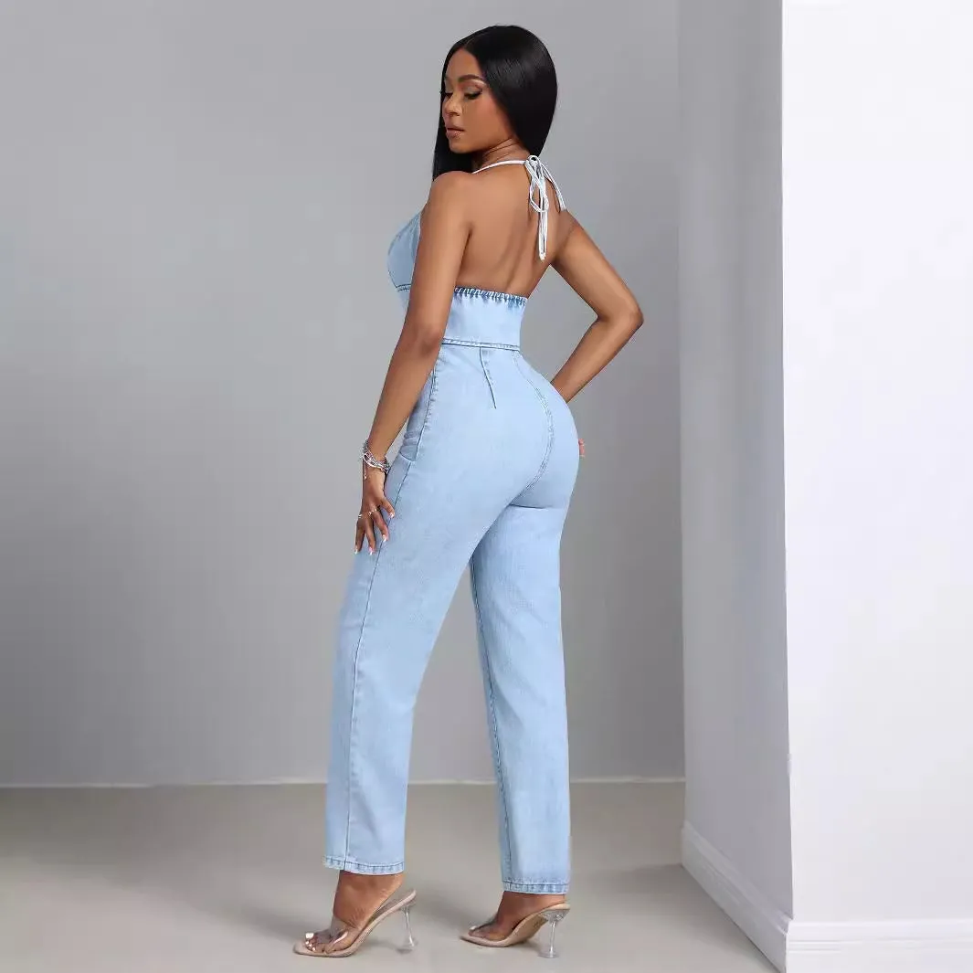 Low-cut Slim One-piece Denim Trousers