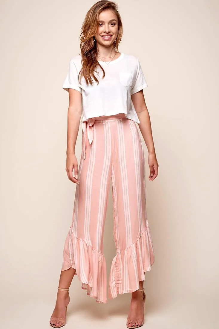 Maybe Crop Ruffle Hem Pants Peach Stripe