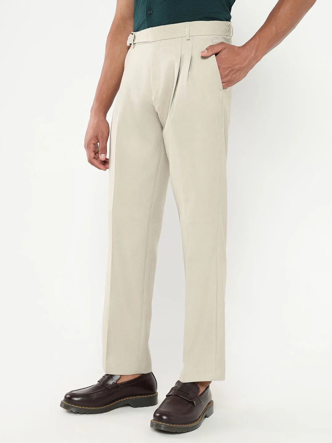 Men Cream Solid Formal Trousers