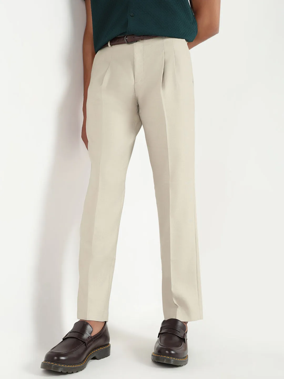 Men Cream Solid Formal Trousers