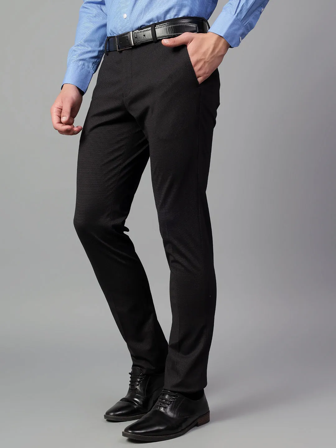 Men's Black Self Design Non-Pleated Formal Trouser