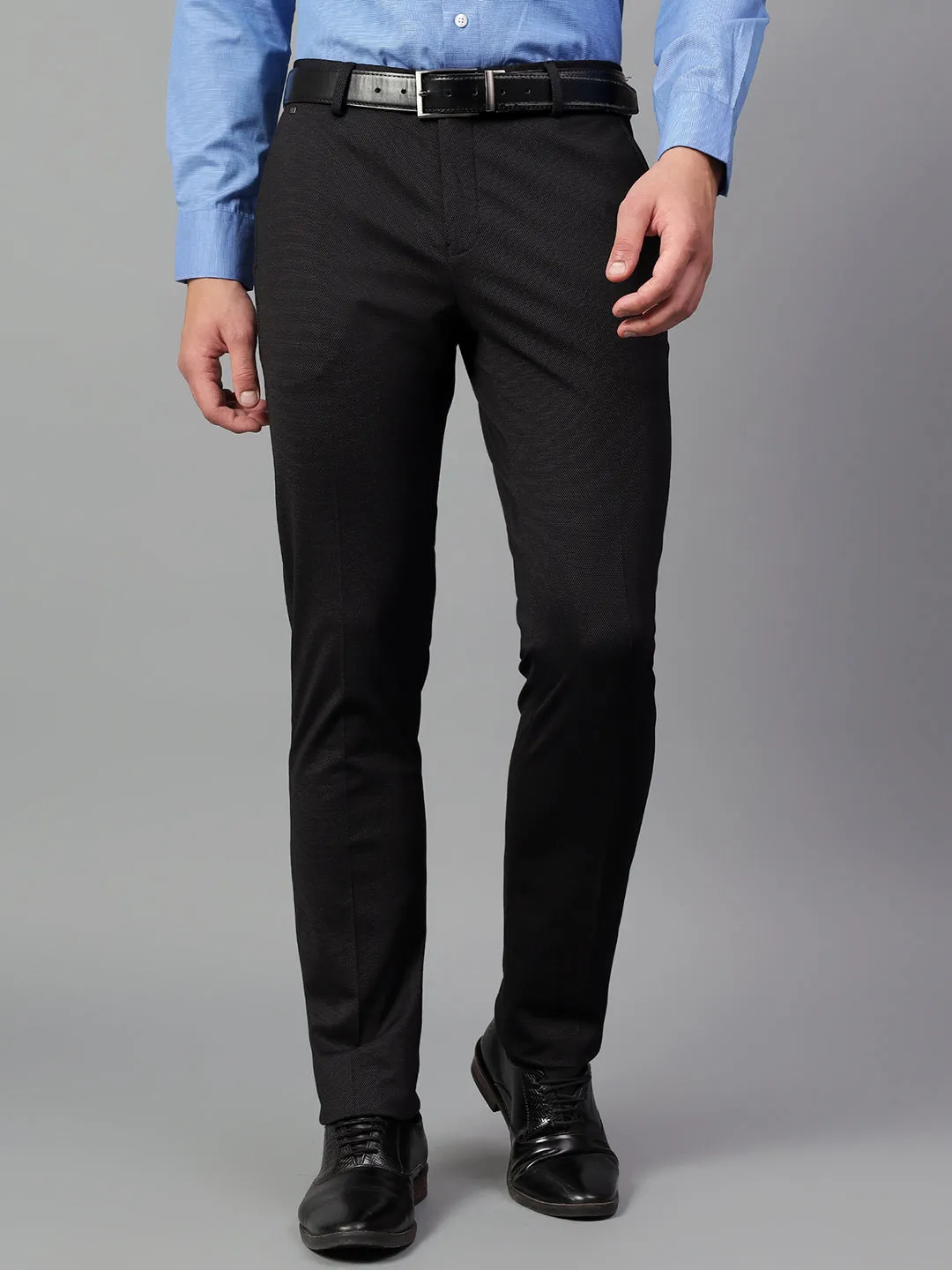 Men's Black Self Design Non-Pleated Formal Trouser