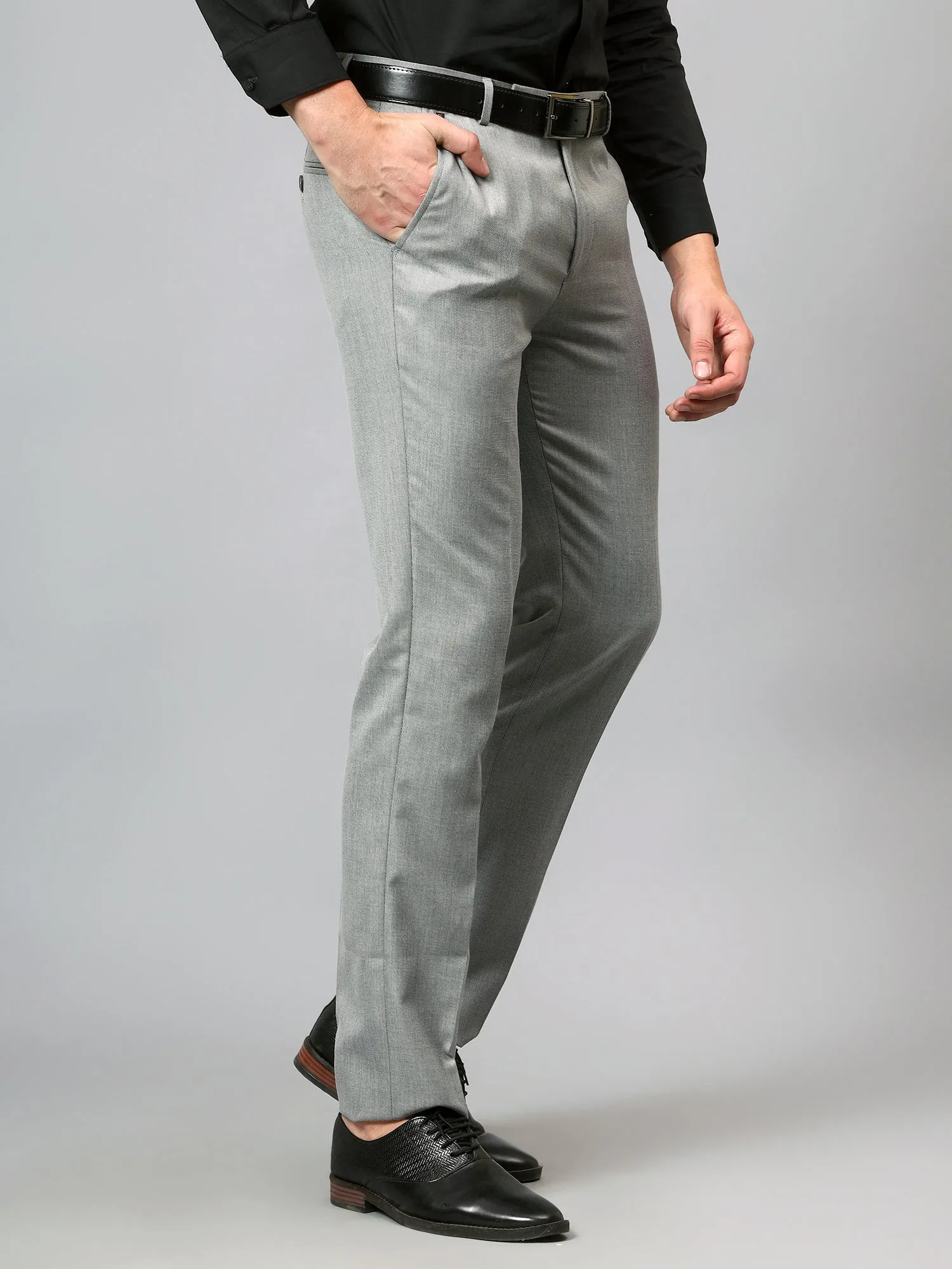 Men's Grey Self Design Non-Pleated Formal Trouser