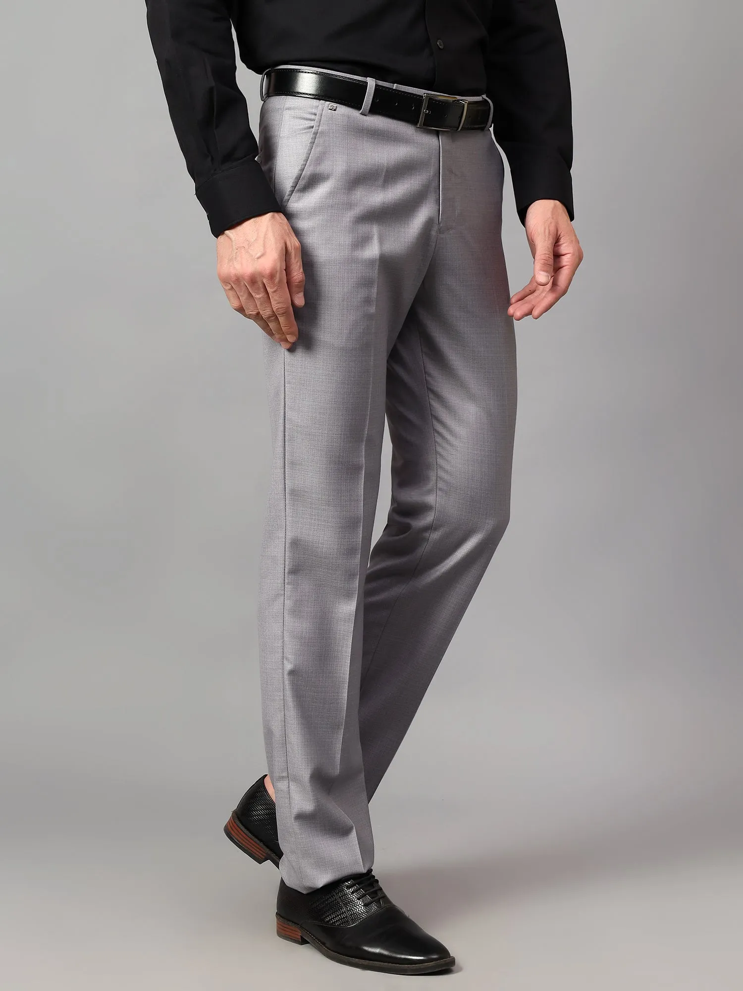 Men's Grey Solid Non-Pleated Formal Trouser