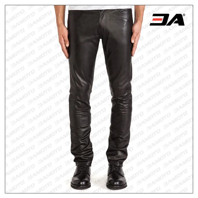 Mens Leather Tapered Fit Biker Pants