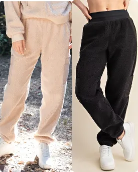 MICRO SHERPA CARGO SWEATPANTS - BLACK OR TAUPE