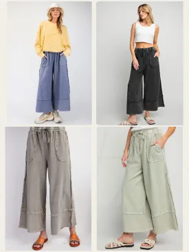 MINERAL WASHED TERRY KNIT PALAZZO PANTS - ASSORTED COLORS