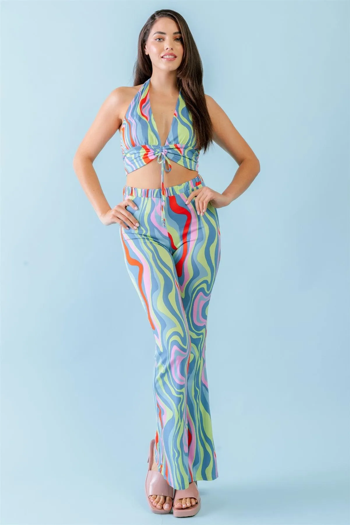 Multicolor Abstract Print Halter V-Neck Ruched Open Back Crop Top & High Waist Pants Set /3-2-1