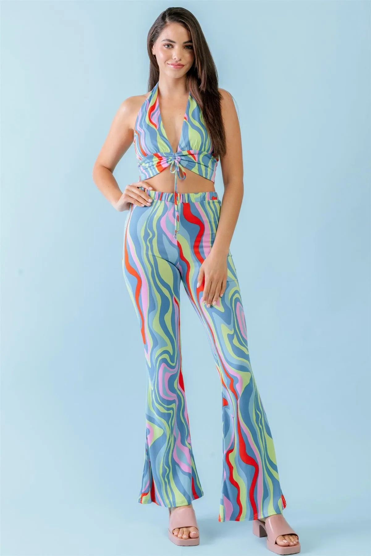 Multicolor Abstract Print Halter V-Neck Ruched Open Back Crop Top & High Waist Pants Set /3-2-1