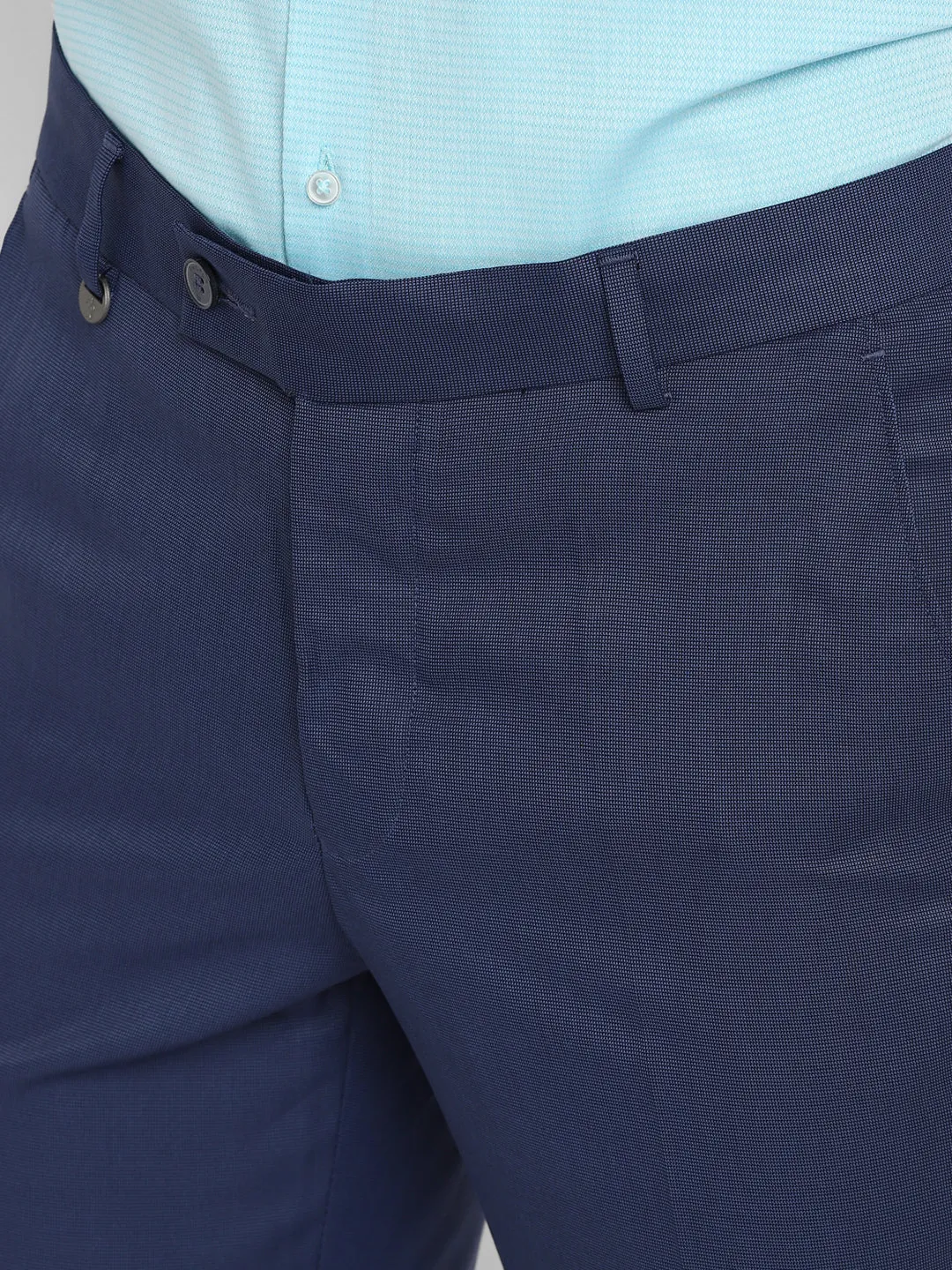 Navy Blue Self Design Slim Fit Trouser