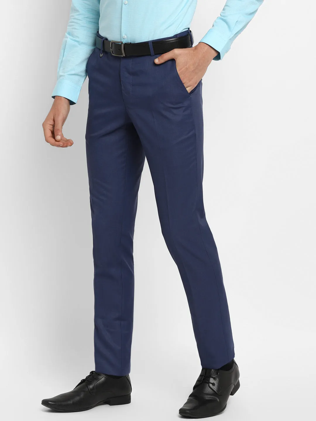 Navy Blue Self Design Slim Fit Trouser