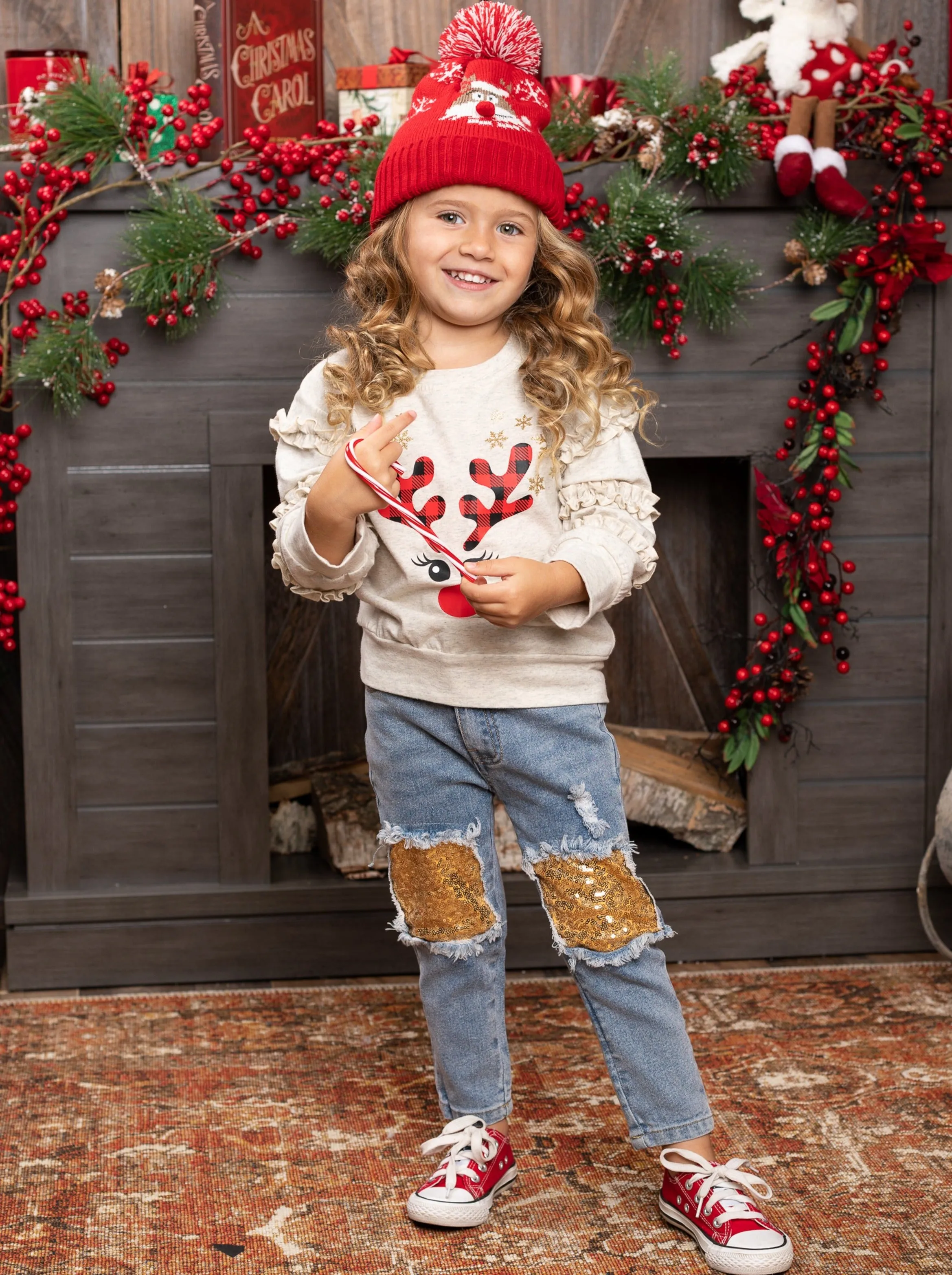 Oh, Deer Ruffle Sweatshirt and Sequin Patched Jeans Set