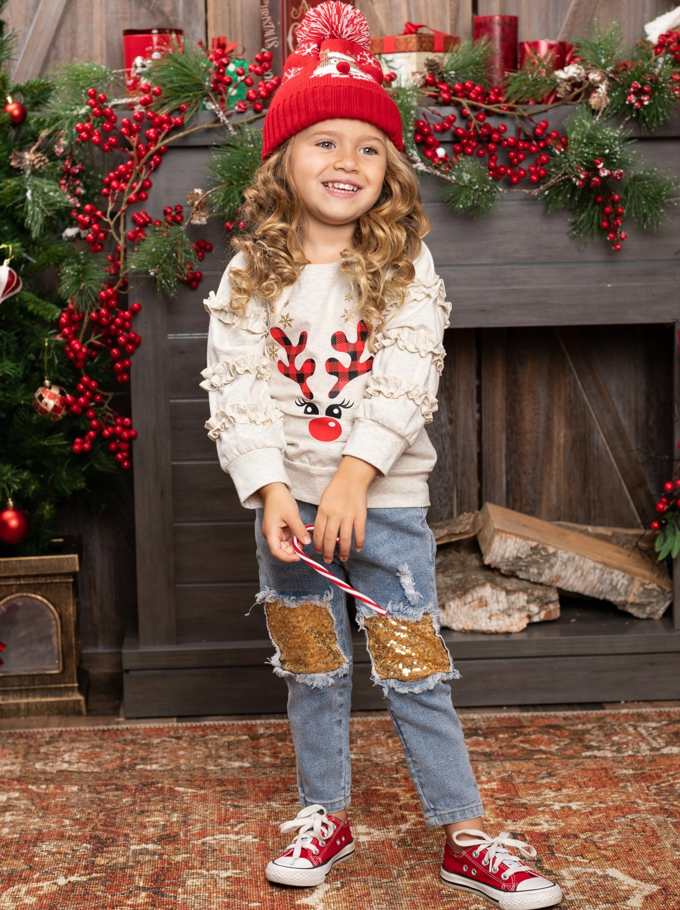 Oh, Deer Ruffle Sweatshirt and Sequin Patched Jeans Set