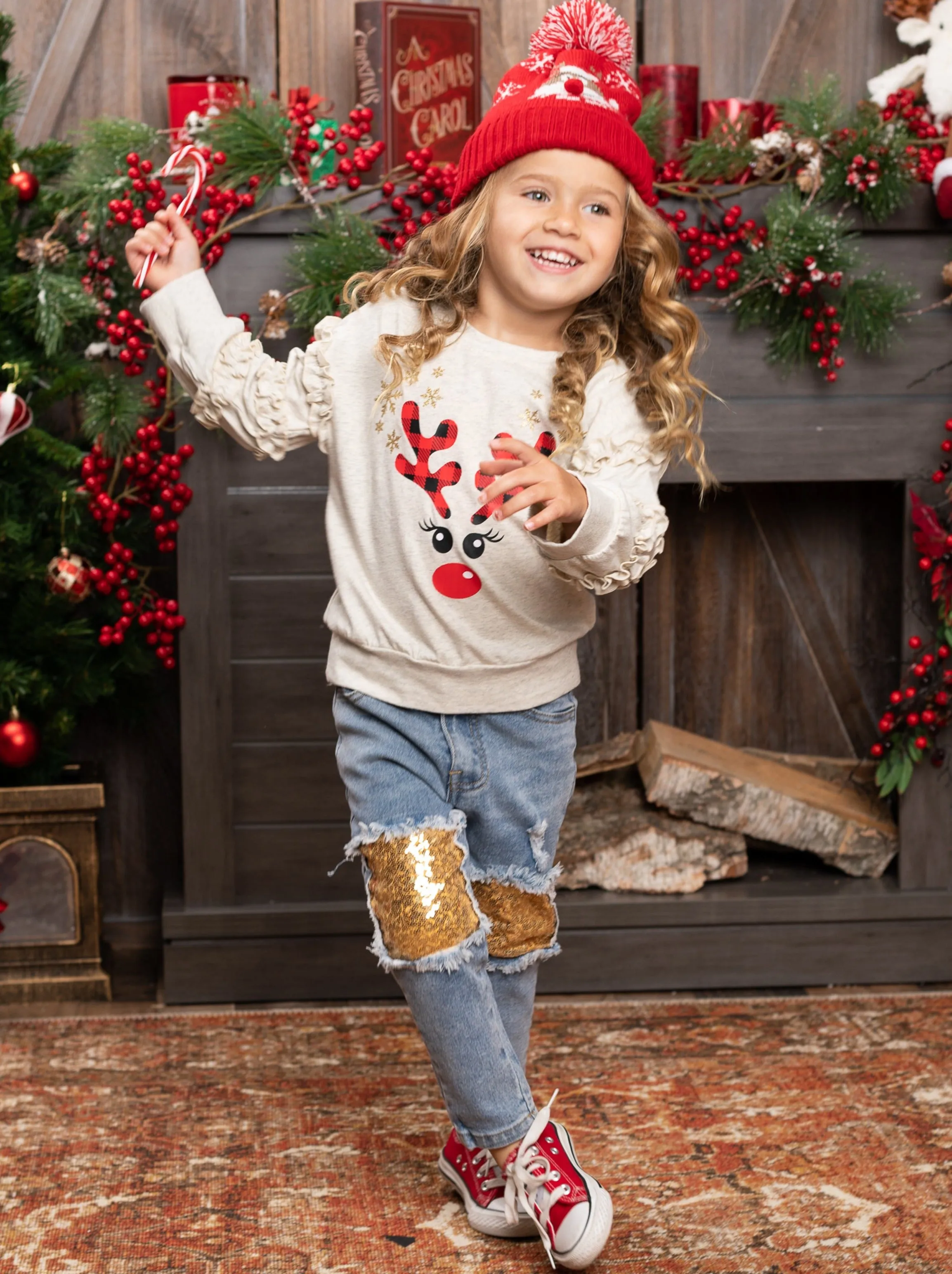 Oh, Deer Ruffle Sweatshirt and Sequin Patched Jeans Set