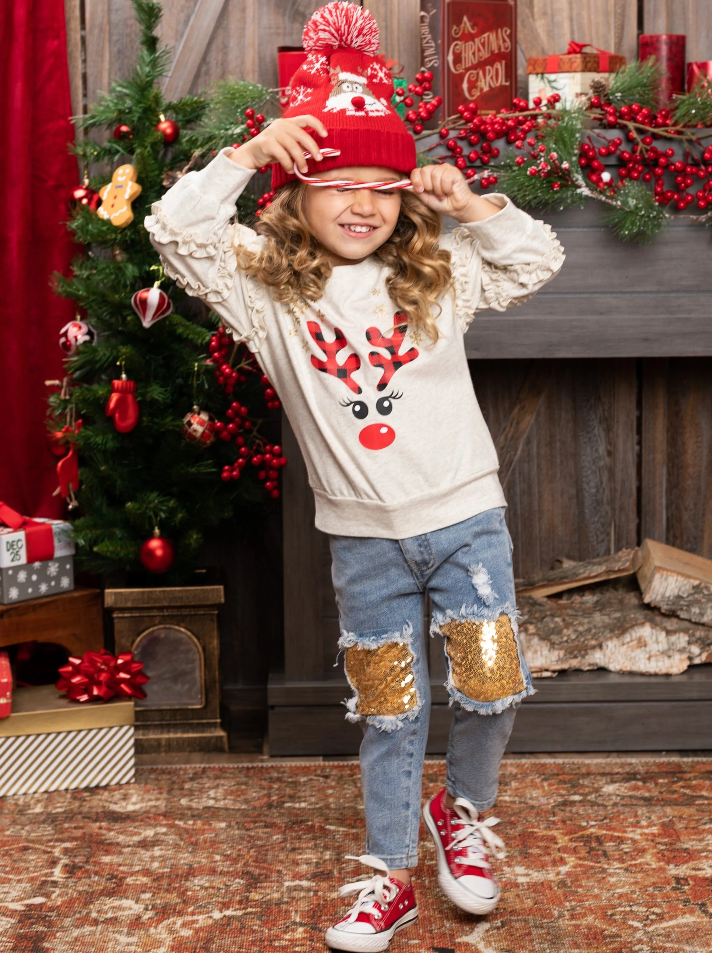 Oh, Deer Ruffle Sweatshirt and Sequin Patched Jeans Set