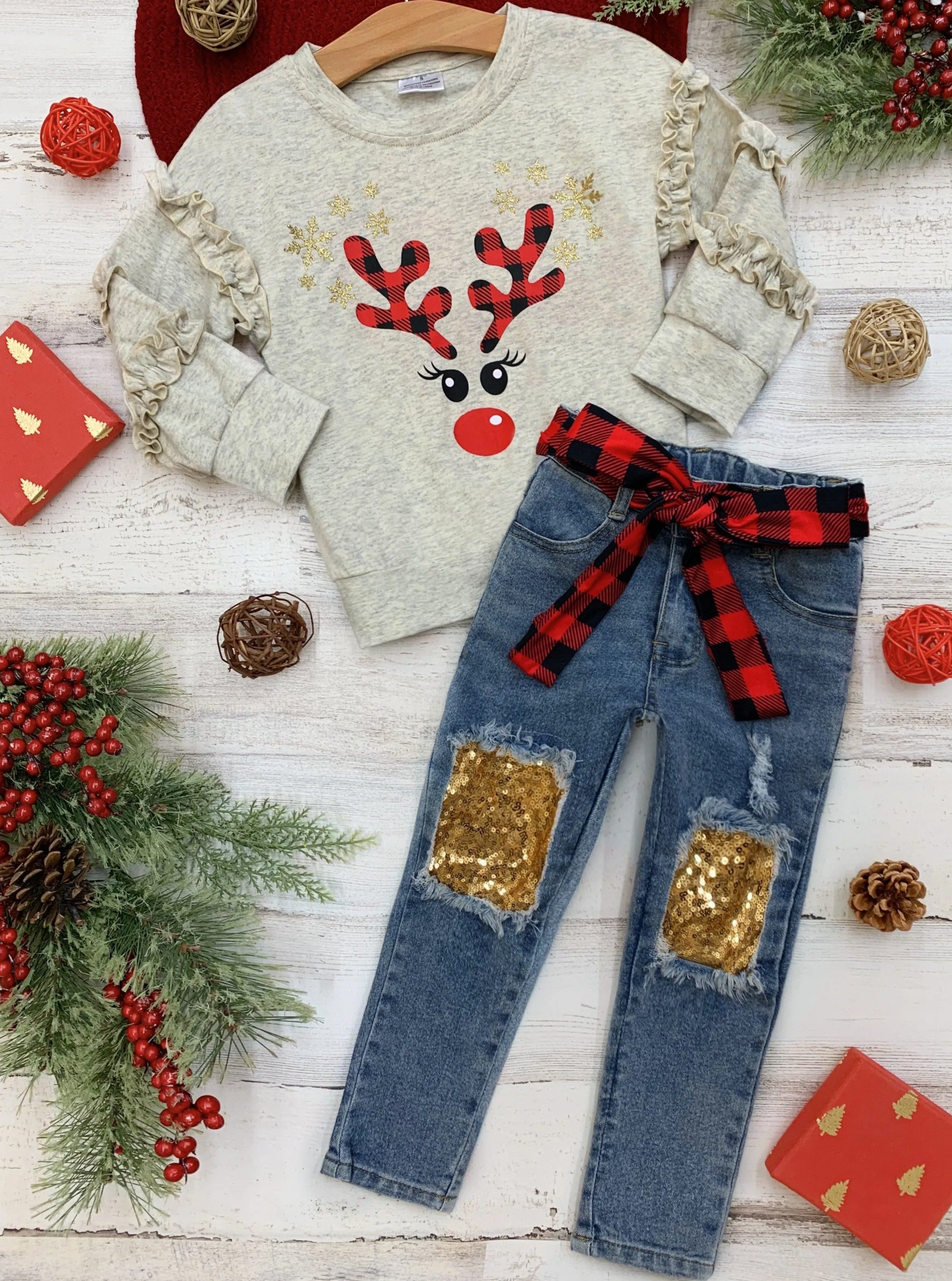 Oh, Deer Ruffle Sweatshirt and Sequin Patched Jeans Set