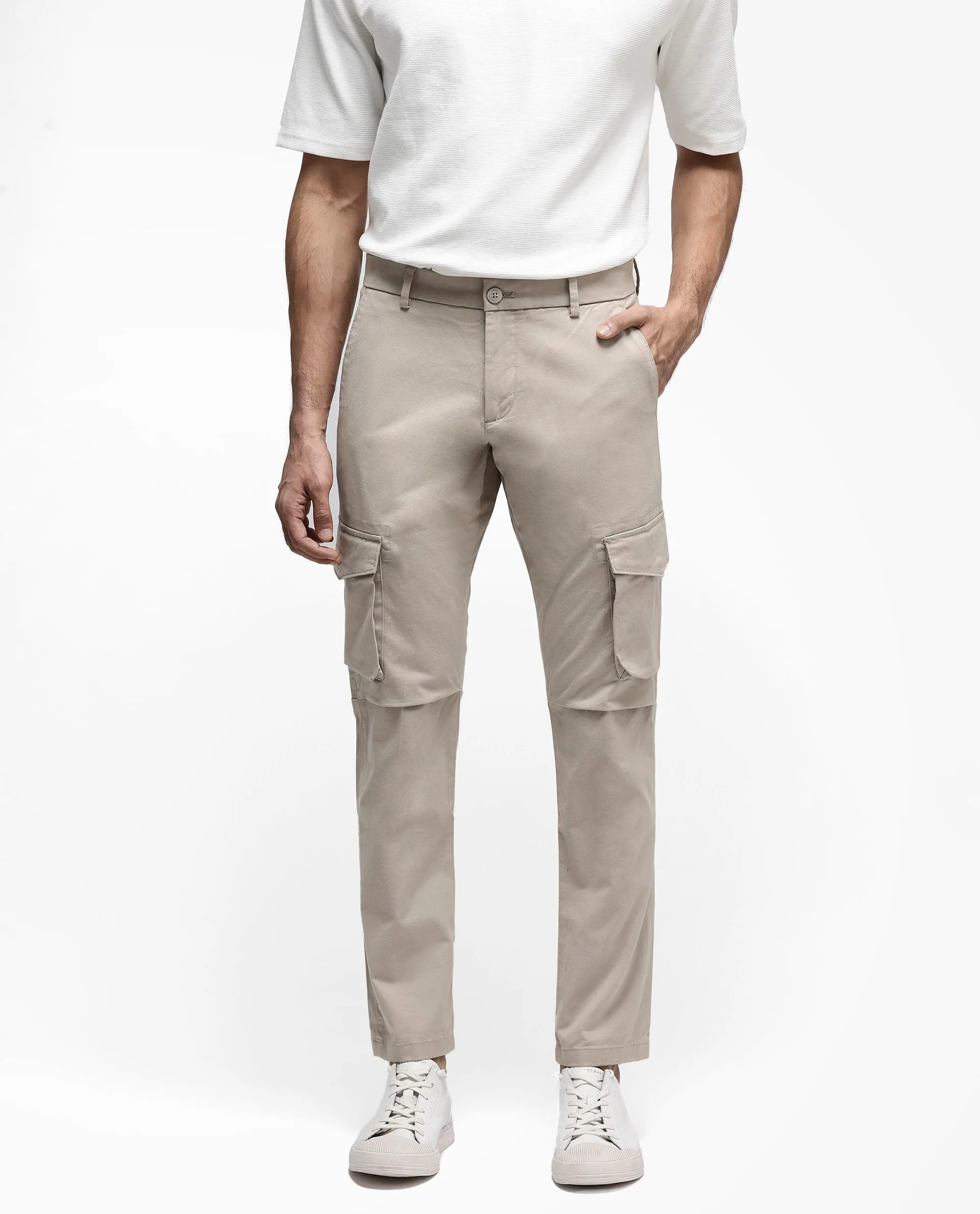 Rare Rabbit Men's Celu Beige Solid Mid-Rise Cargo Style Slim-Fit Trouser