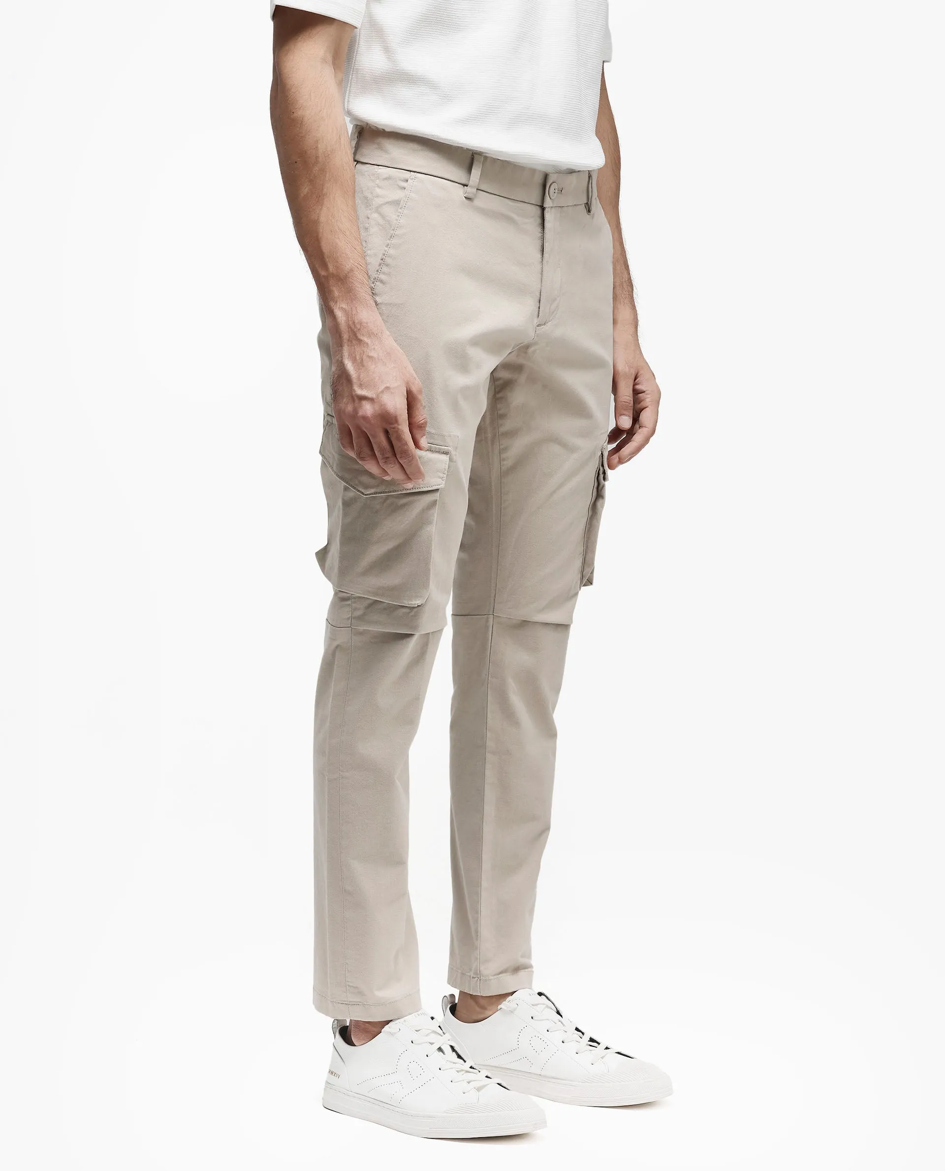 Rare Rabbit Men's Celu Beige Solid Mid-Rise Cargo Style Slim-Fit Trouser