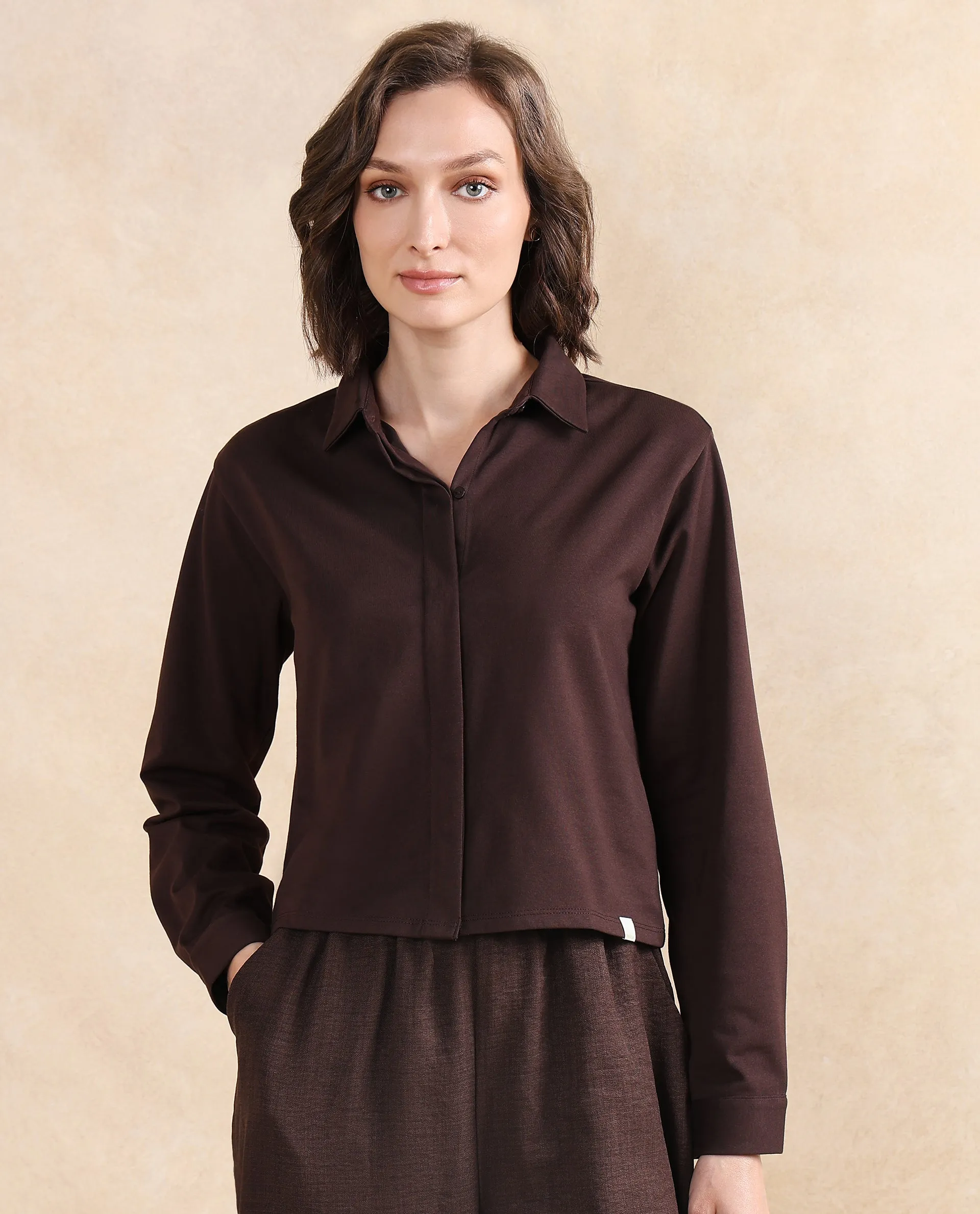 Rareism Women Ellery Brown Cotton Blend Fabric Full Sleeve Collared Neck Button Closure Plain Shirt