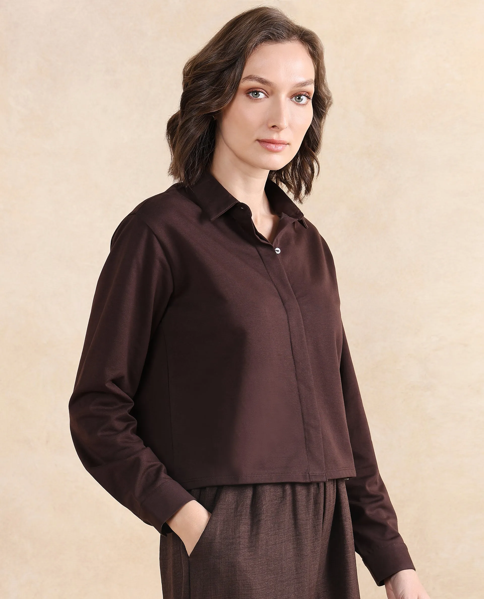 Rareism Women Ellery Brown Cotton Blend Fabric Full Sleeve Collared Neck Button Closure Plain Shirt