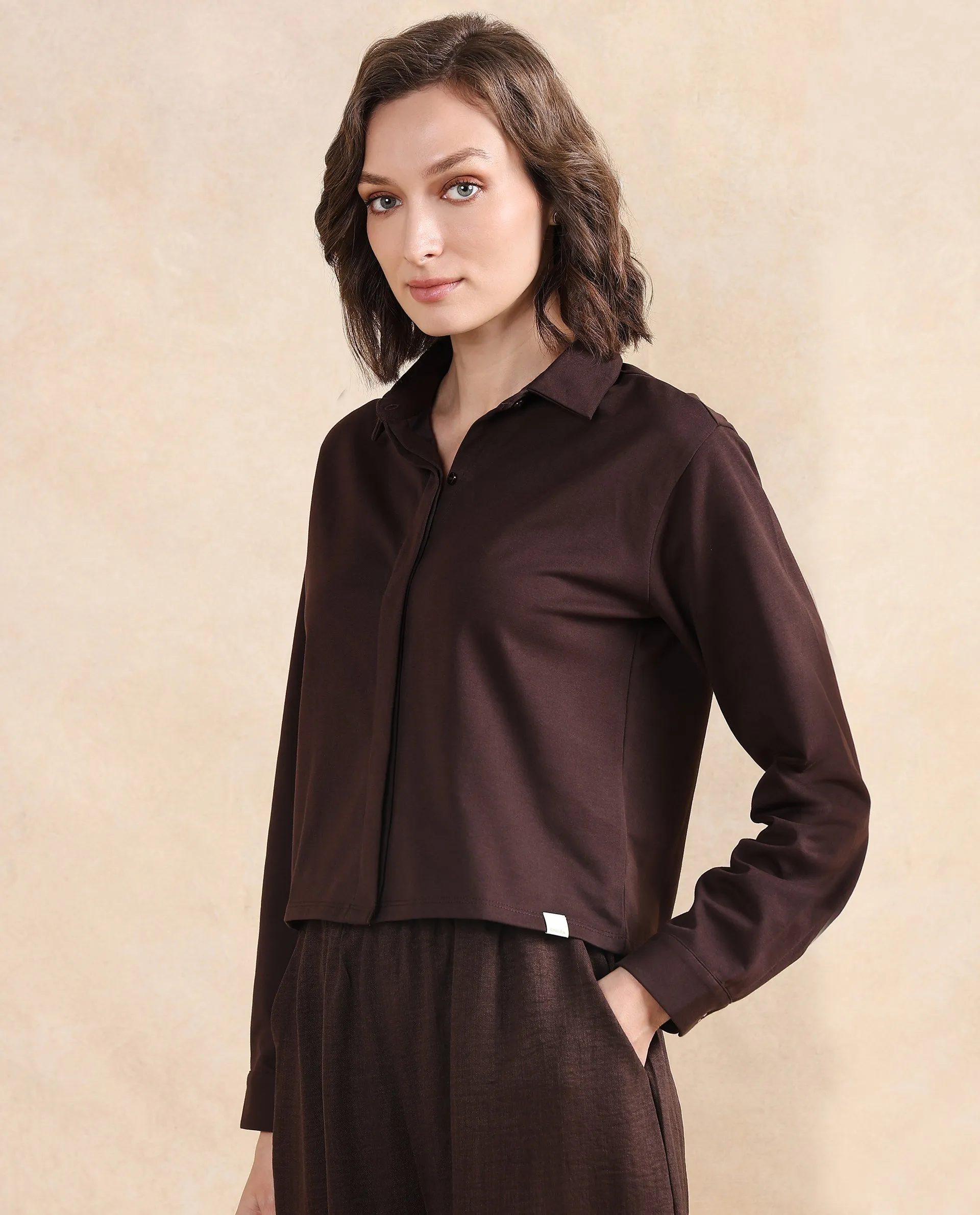 Rareism Women Ellery Brown Cotton Blend Fabric Full Sleeve Collared Neck Button Closure Plain Shirt