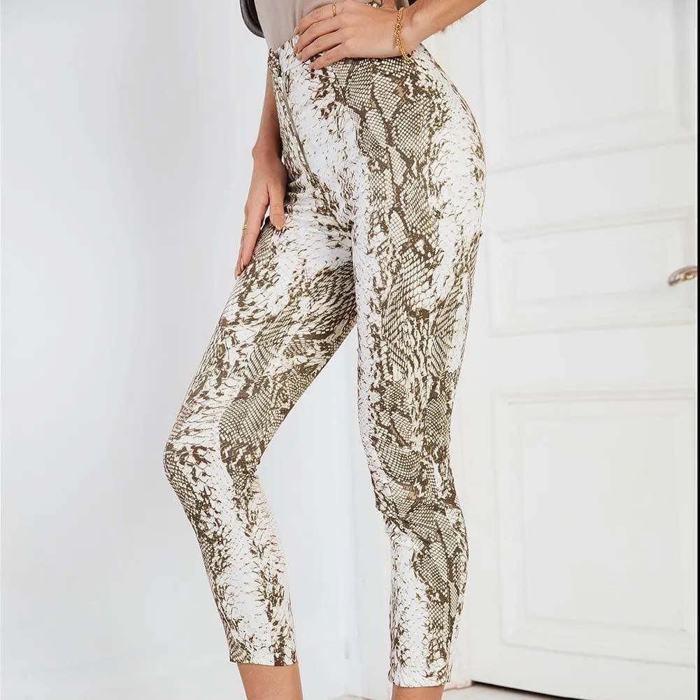 Serpentine Print Casual Cropped Pants