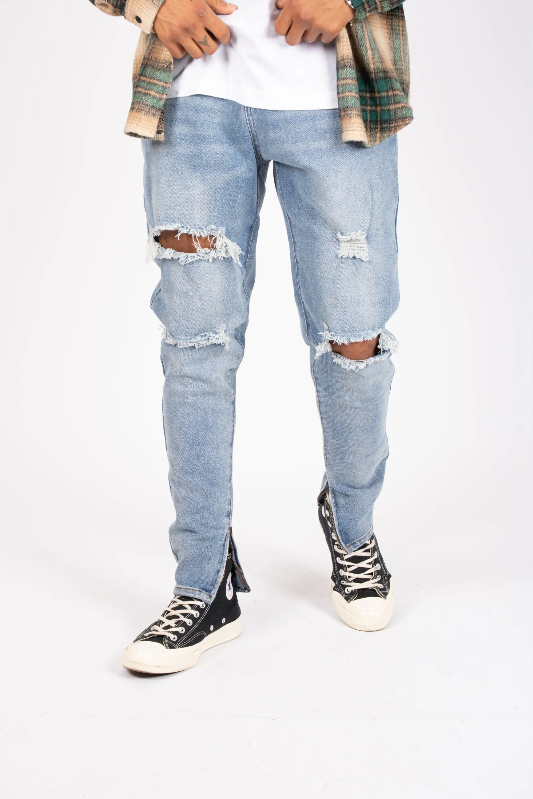 Slim Skinny Jeans with Distressing and Ankle Zips