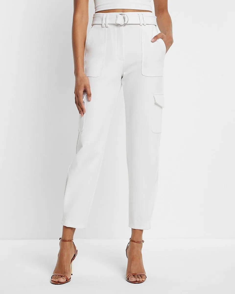 Super High Waisted Belted Cargo Pants in White