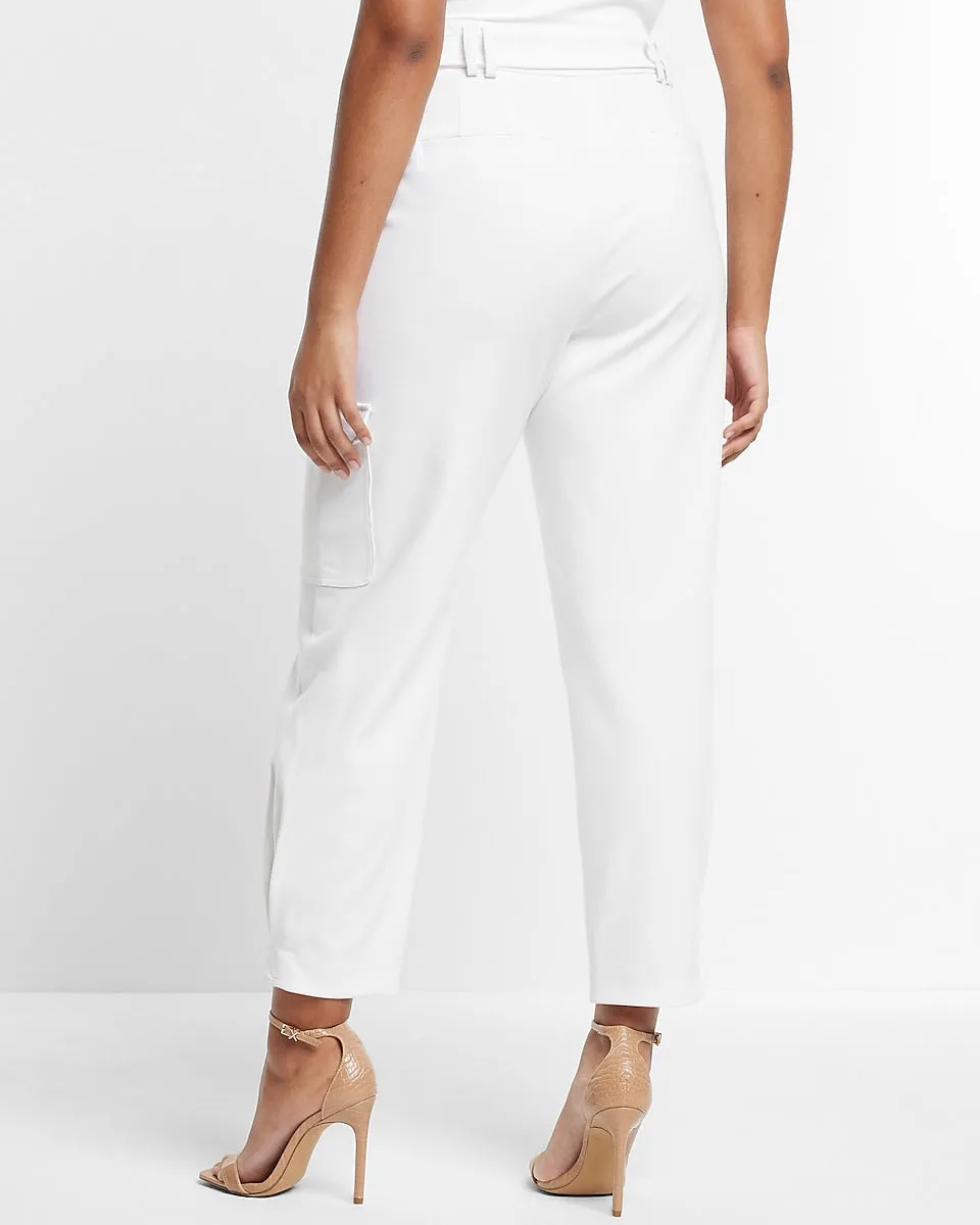 Super High Waisted Belted Cargo Pants in White