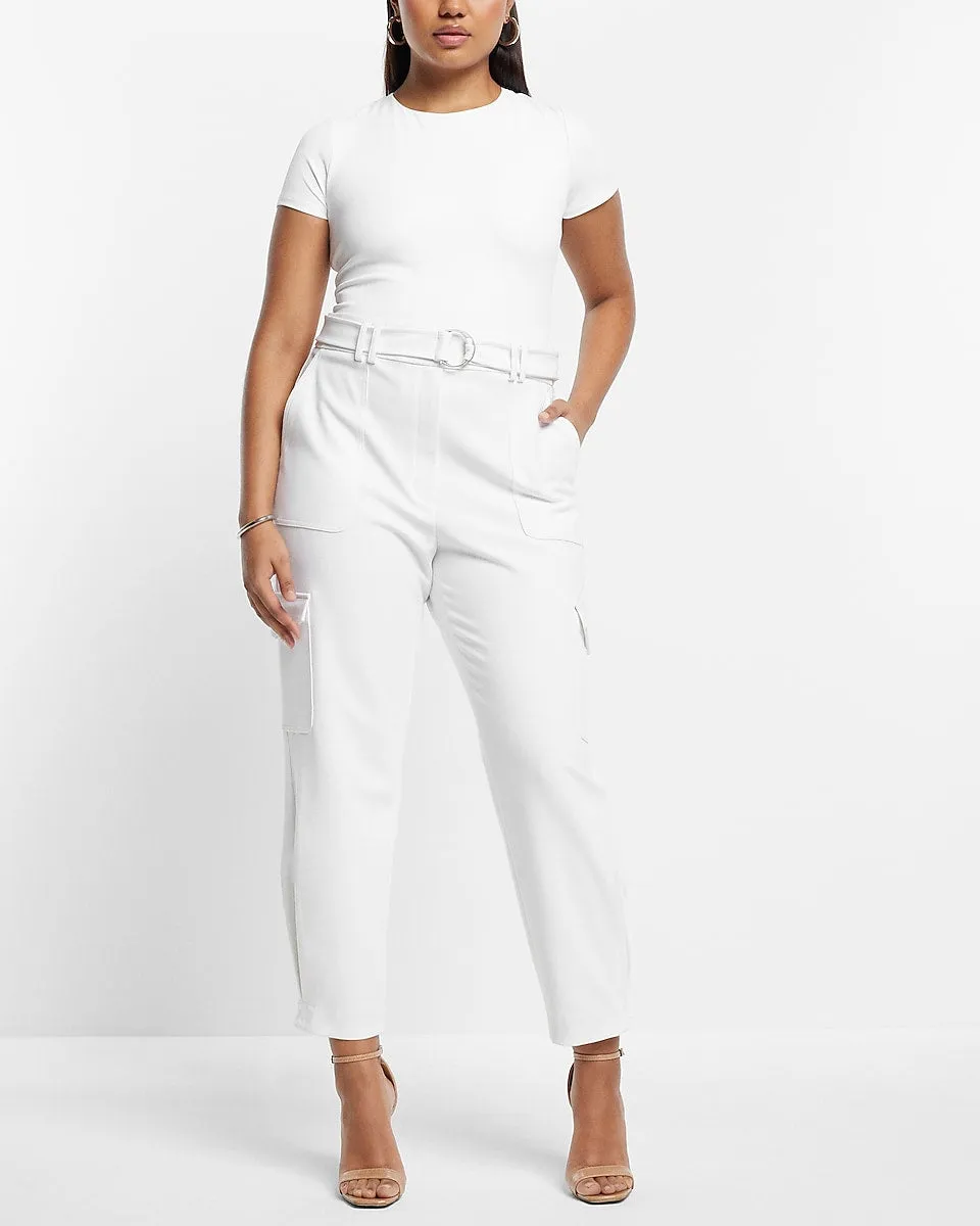 Super High Waisted Belted Cargo Pants in White