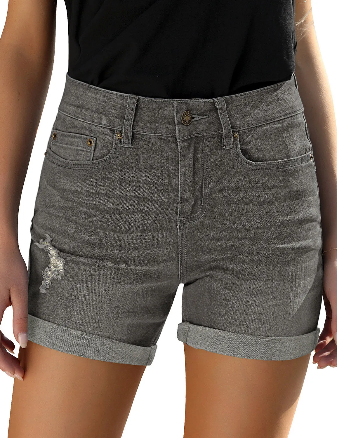 Vetinee High Rise Stretchy Folded Hem Denim Shorts for Women Casual Jean Shorts