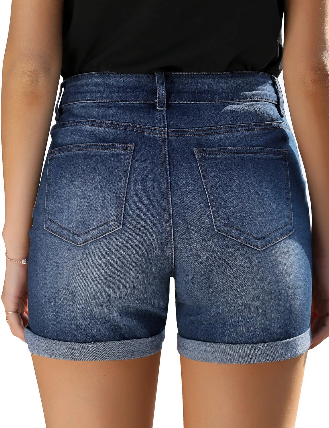 Vetinee High Rise Stretchy Folded Hem Denim Shorts for Women Casual Jean Shorts