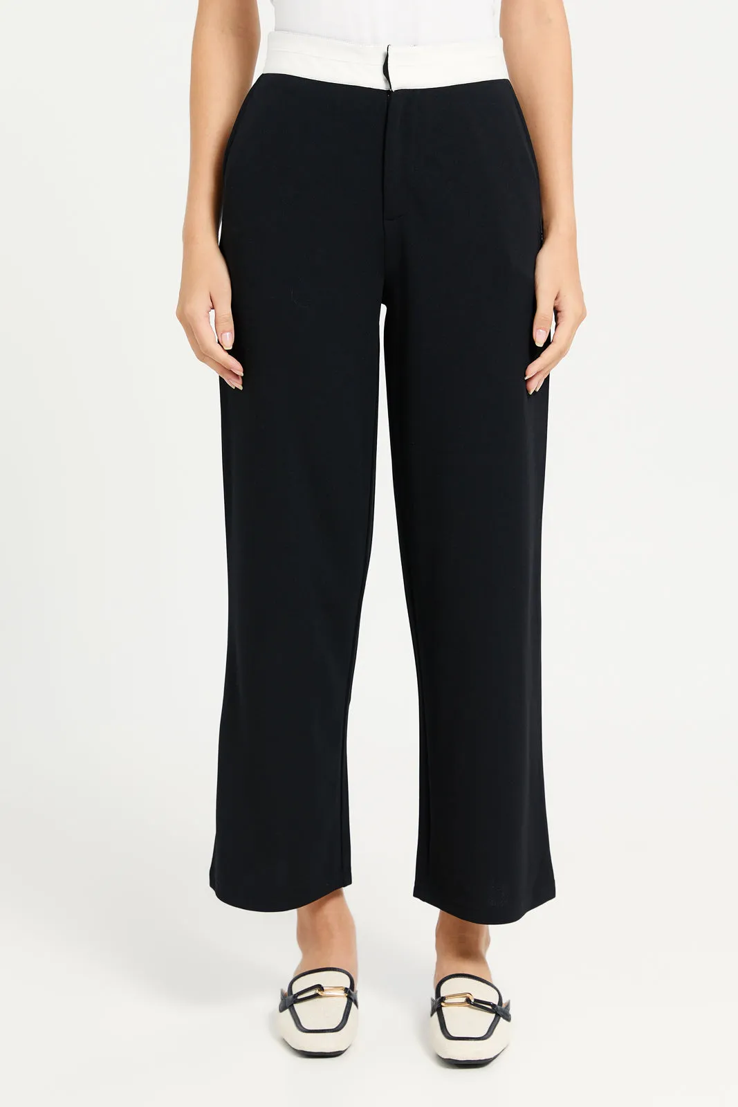 Women Black Contrast Band Trousers