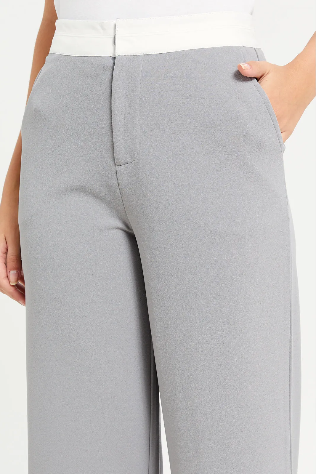 Women Grey Contrast Band Trousers