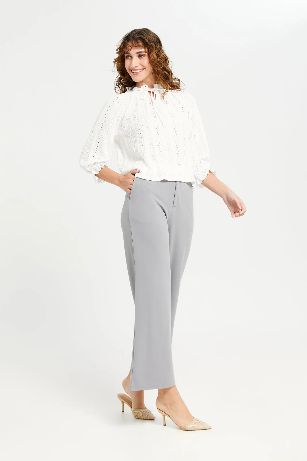 Women Grey Contrast Band Trousers