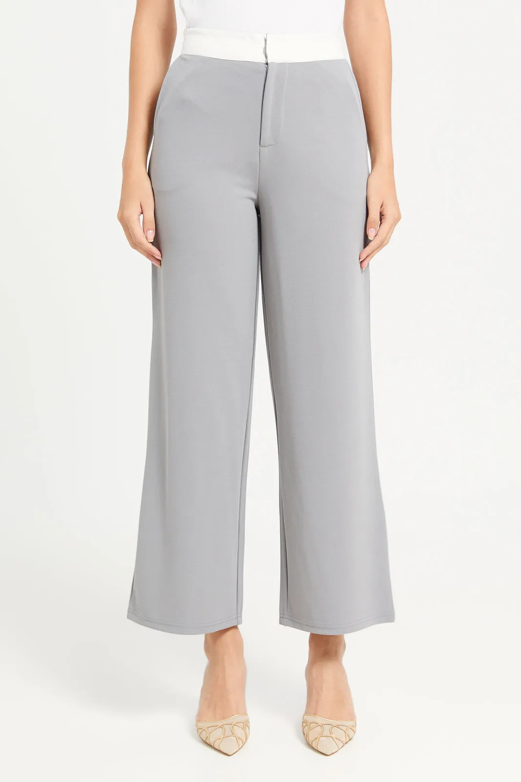 Women Grey Contrast Band Trousers