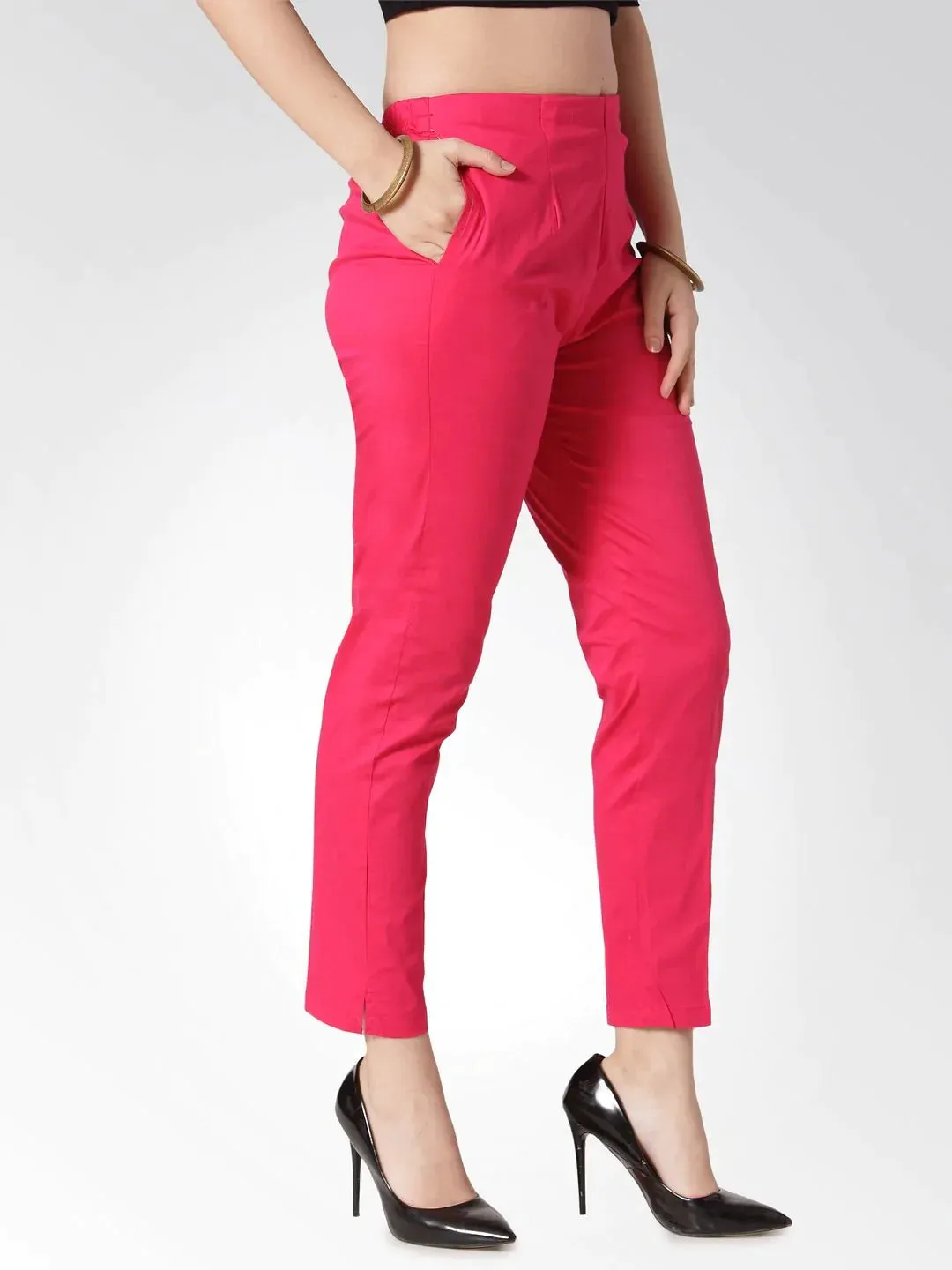 Women Pink Smart Slim Fit Solid Regular Trousers