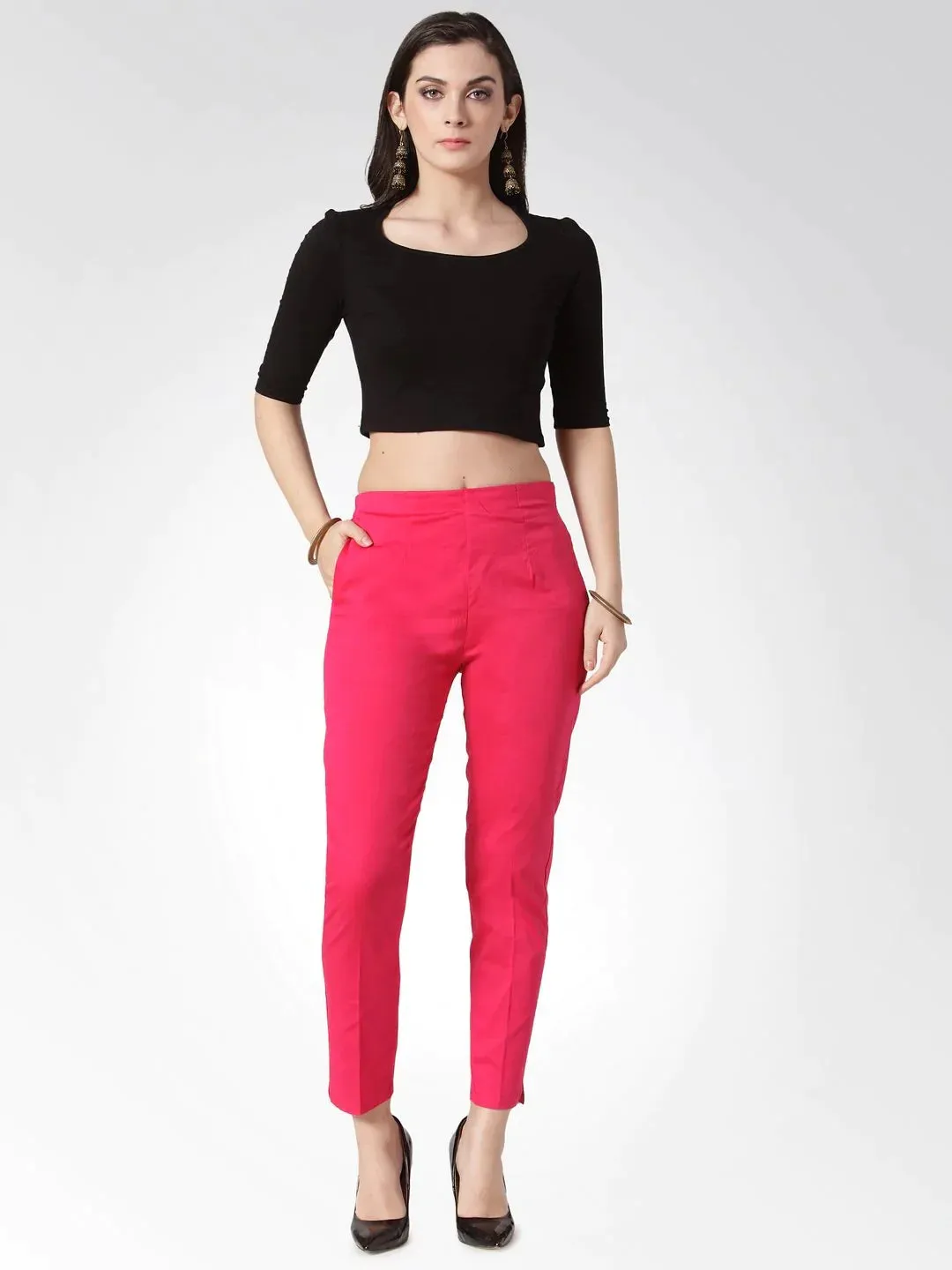 Women Pink Smart Slim Fit Solid Regular Trousers