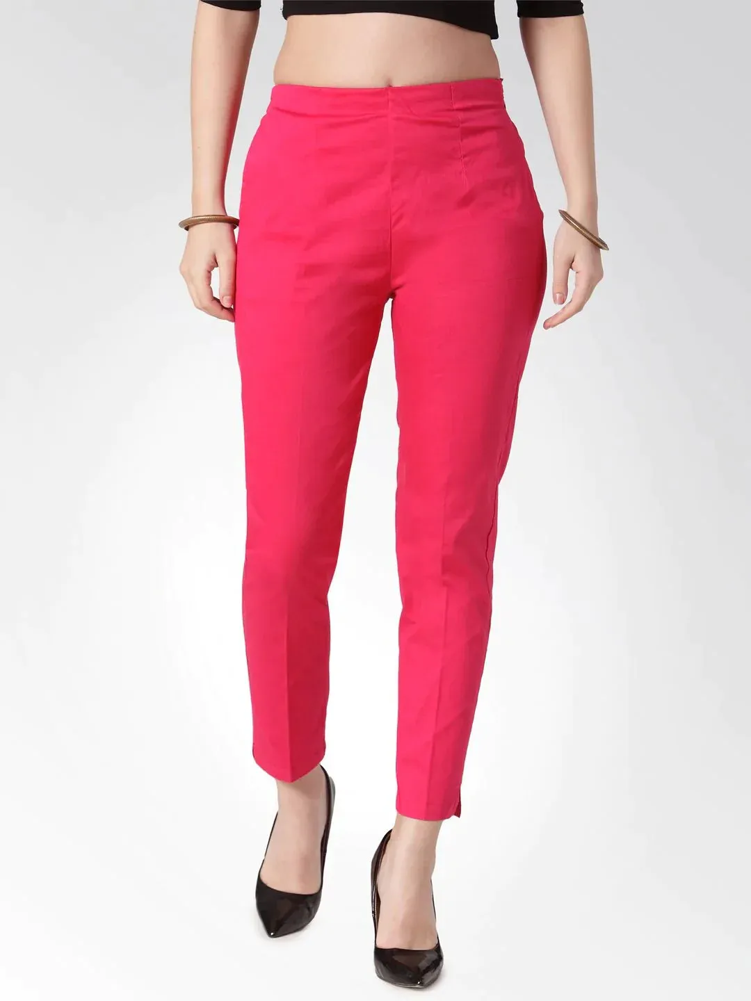 Women Pink Smart Slim Fit Solid Regular Trousers