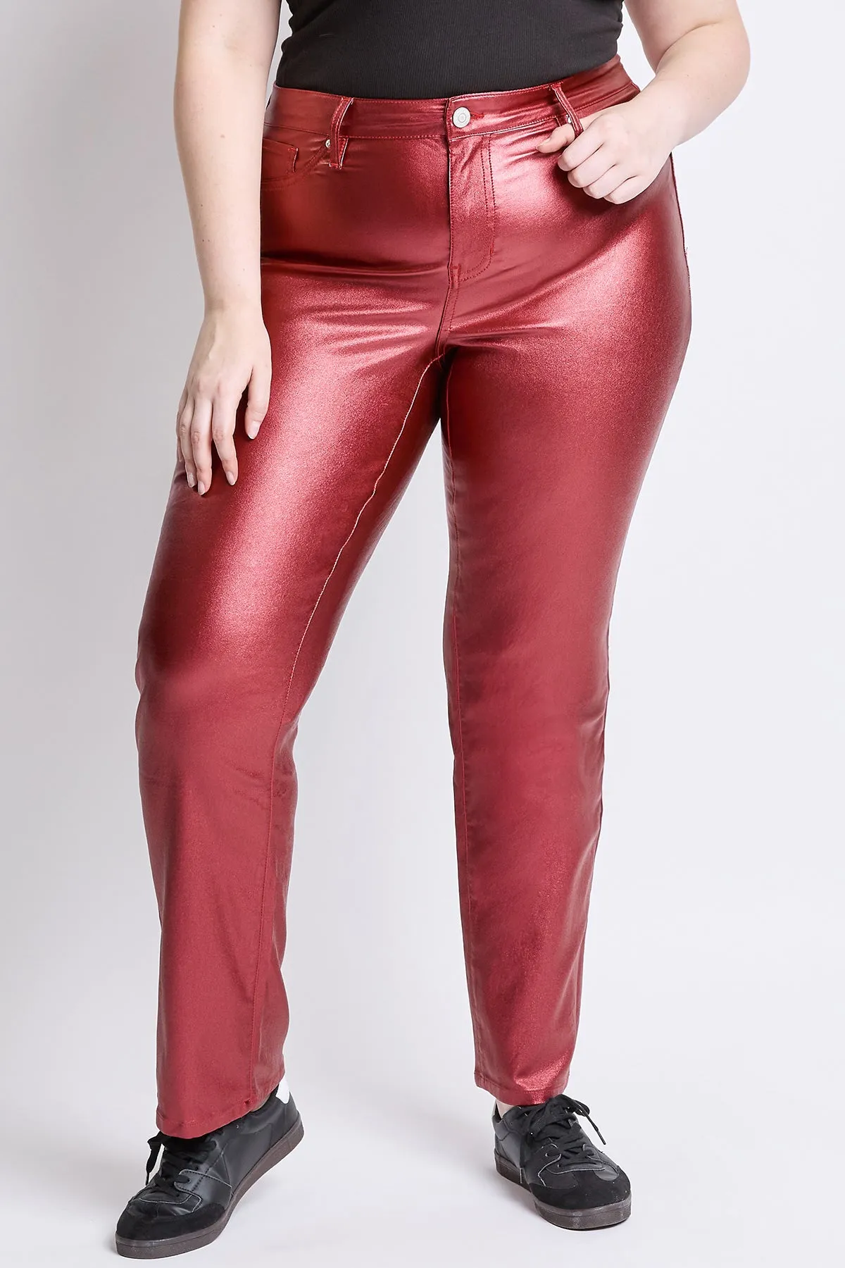 Women's Plus Hyperstretch High Rise Straight Leg Metallic Pant, Red Wine