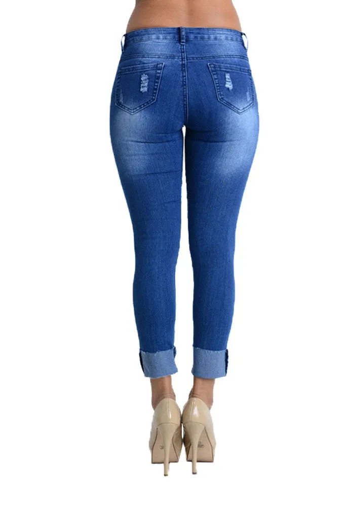 Women's Ripped Knee Cuffed Skinny Jeans