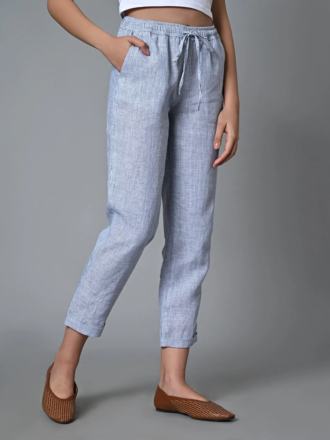 Women's White Linen Regular Fit Pant