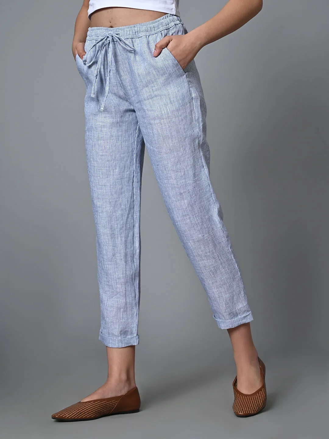 Women's White Linen Regular Fit Pant